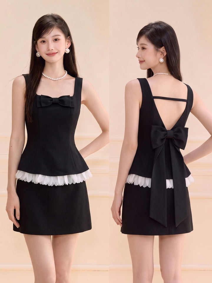 【set】バックリボンフリルドッキングトップス×ミニスカートセット   N3704
