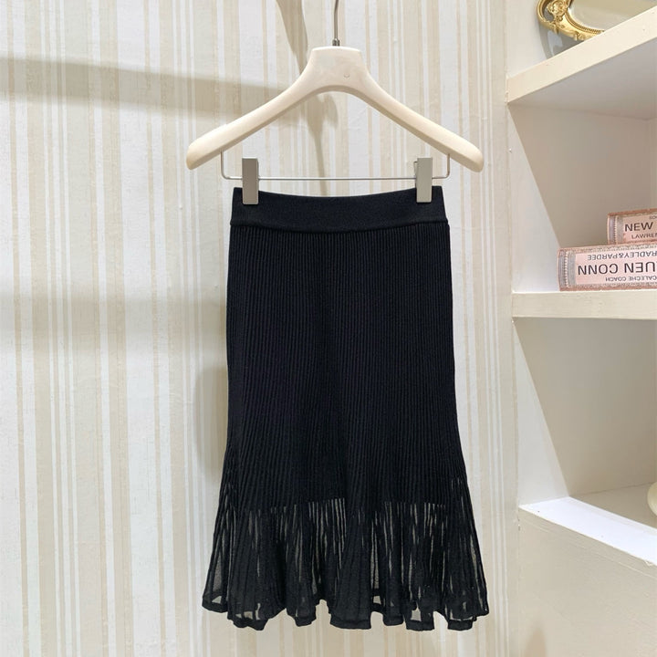【set】レースドッキングドレープネックトップス×シアープリーツスカートセット   N3705