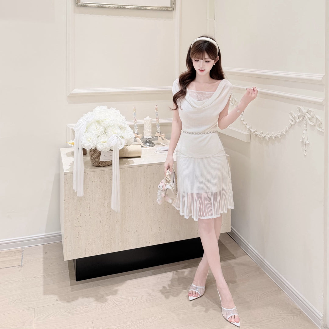 【set】レースドッキングドレープネックトップス×シアープリーツスカートセット   N3705