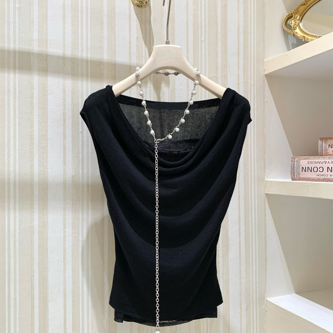 【set】レースドッキングドレープネックトップス×シアープリーツスカートセット   N3705