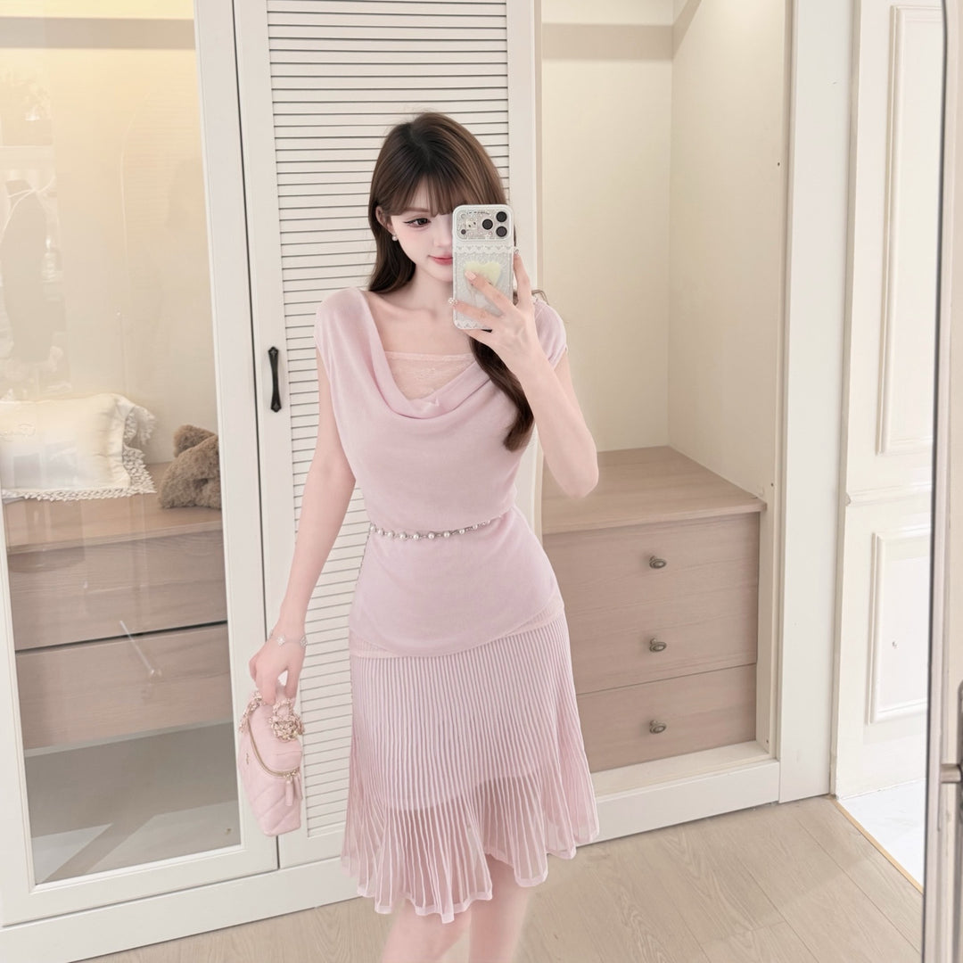 【set】レースドッキングドレープネックトップス×シアープリーツスカートセット   N3705