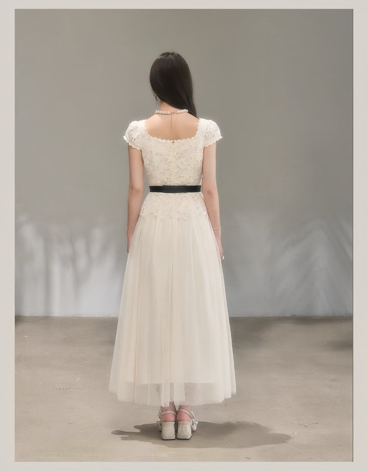 【dress】リボンレースドッキングロングワンピース　K0621