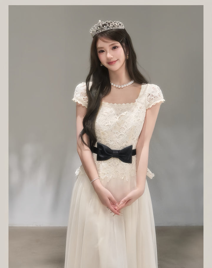 【dress】リボンレースドッキングロングワンピース　K0621