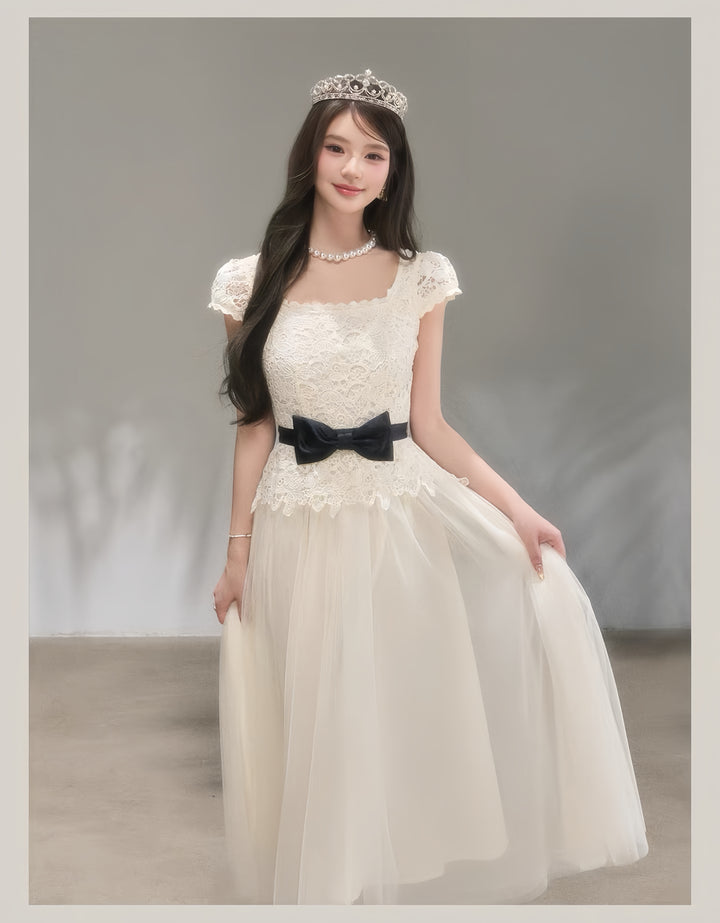 【dress】リボンレースドッキングロングワンピース　K0621