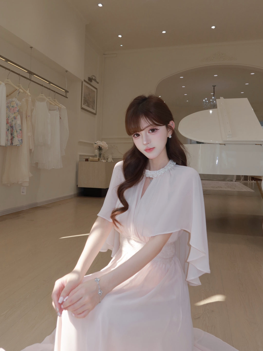 【dress】パール付きロングワンピース Q8684