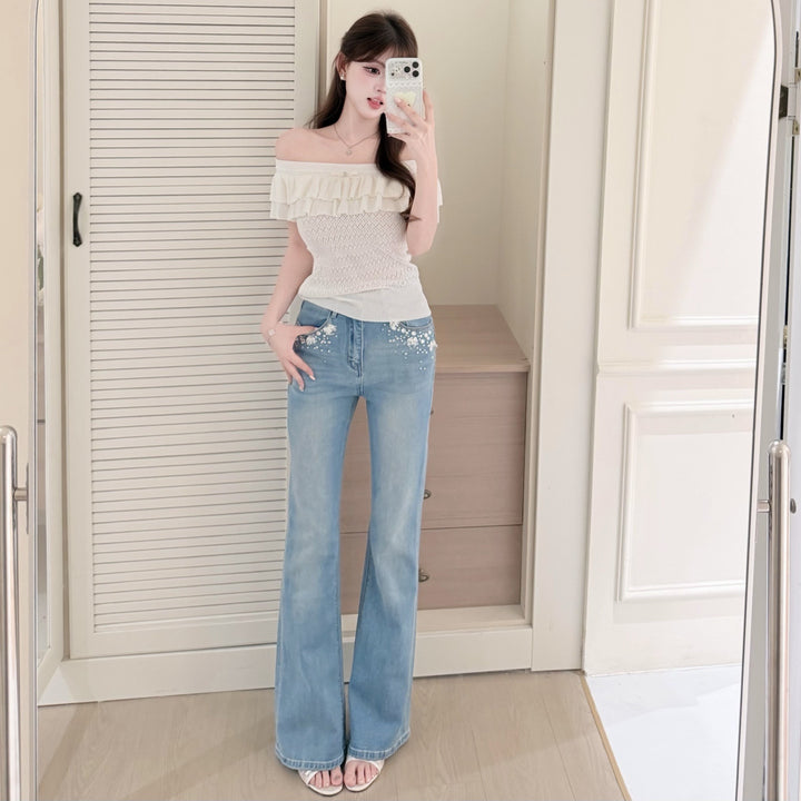 【bottoms】ラインストーン付きフレアデニムパンツ　N3718