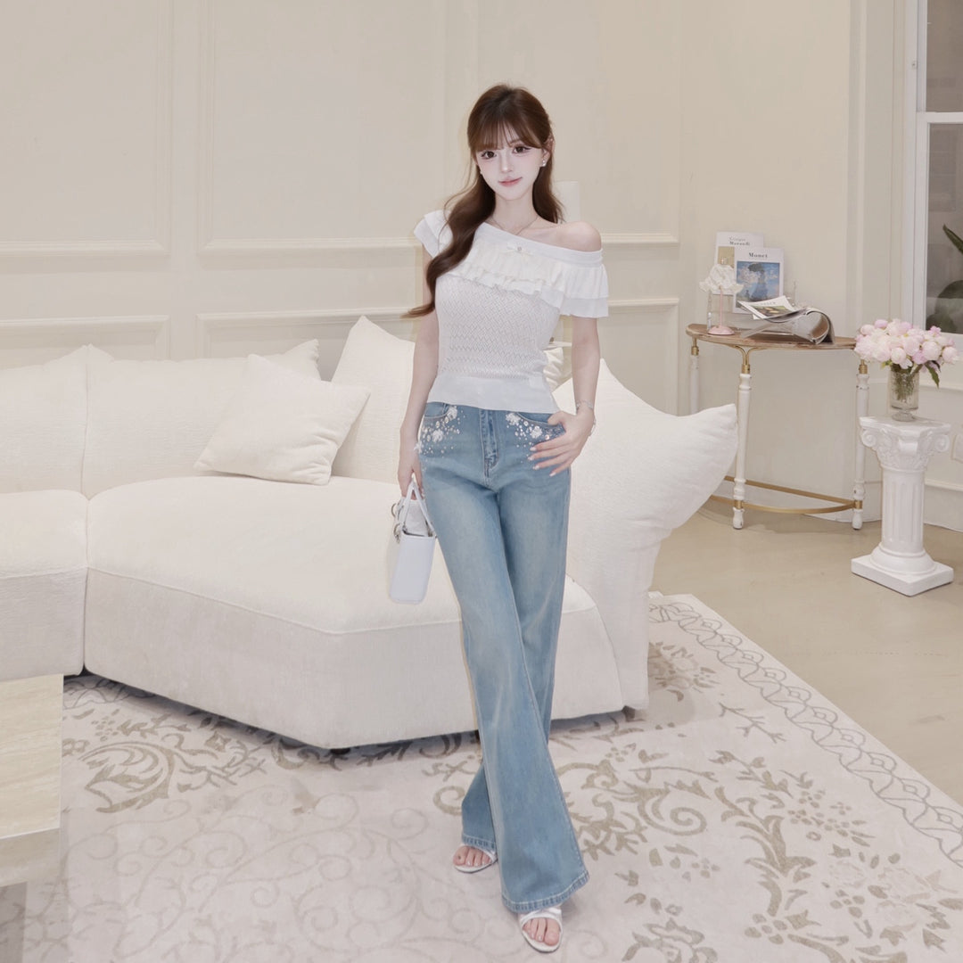 【bottoms】ラインストーン付きフレアデニムパンツ　N3718