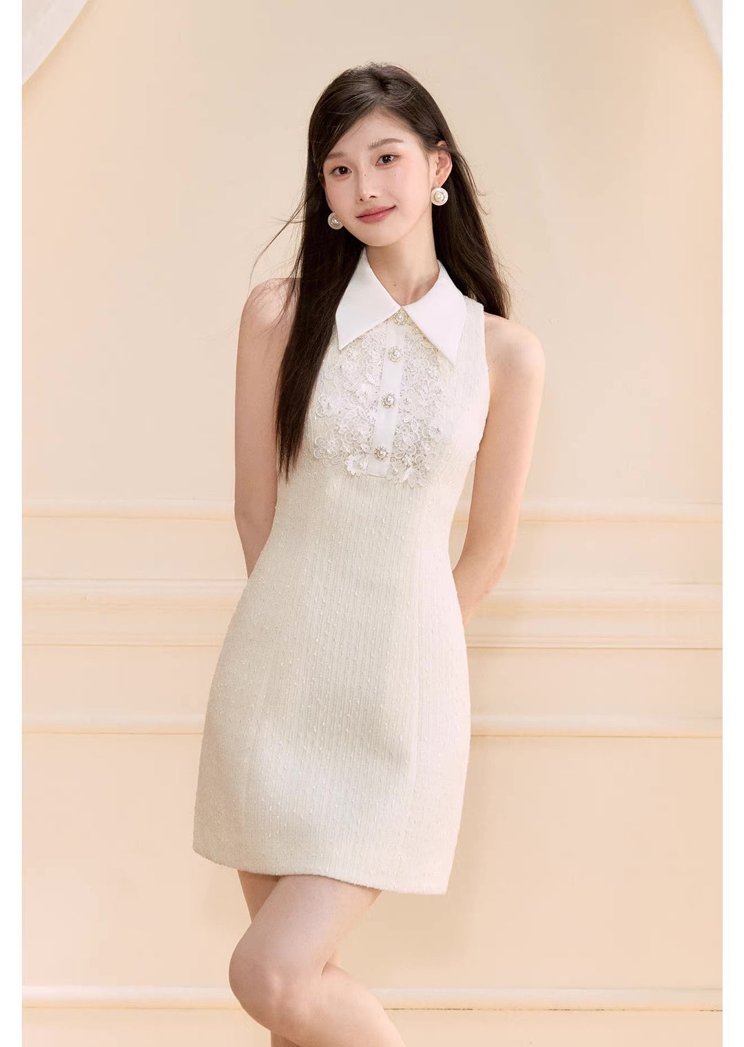 【dress】レースドッキングツイードミニワンピース  N3722