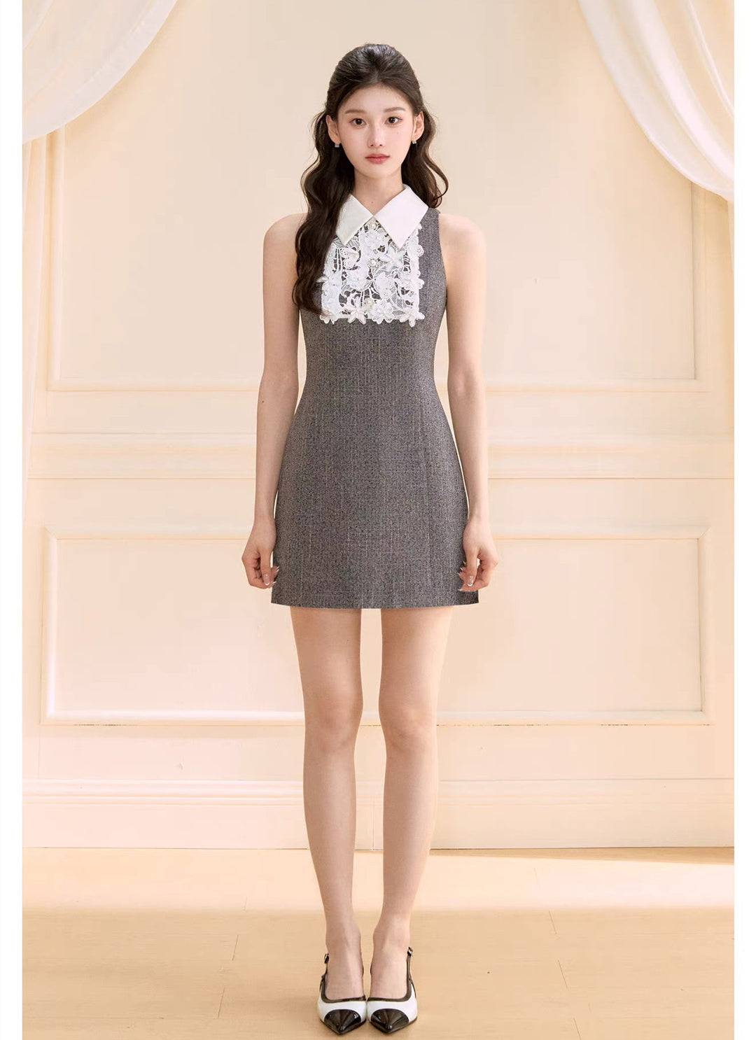 【dress】レースドッキングツイードミニワンピース  N3722