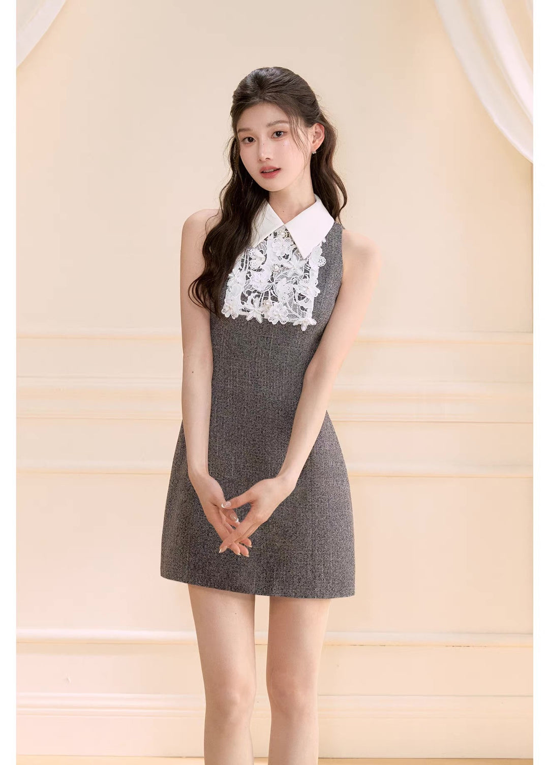 【dress】レースドッキングツイードミニワンピース  N3722