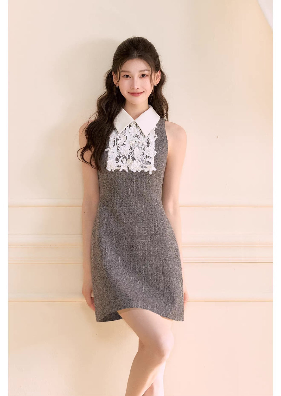 【dress】レースドッキングツイードミニワンピース  N3722