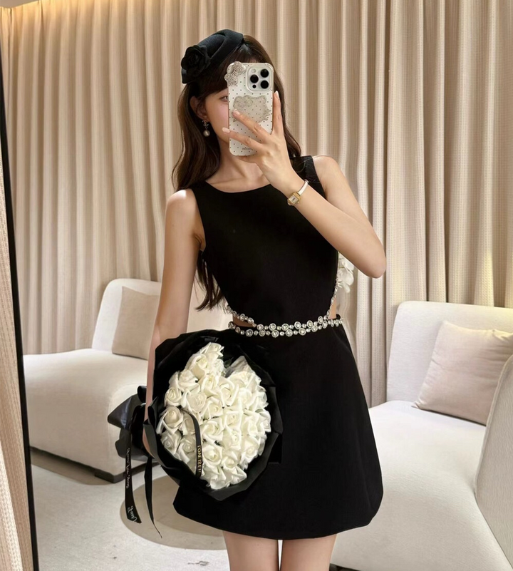 【dress】ウエストカットビジュー付きミニワンピース  N3724