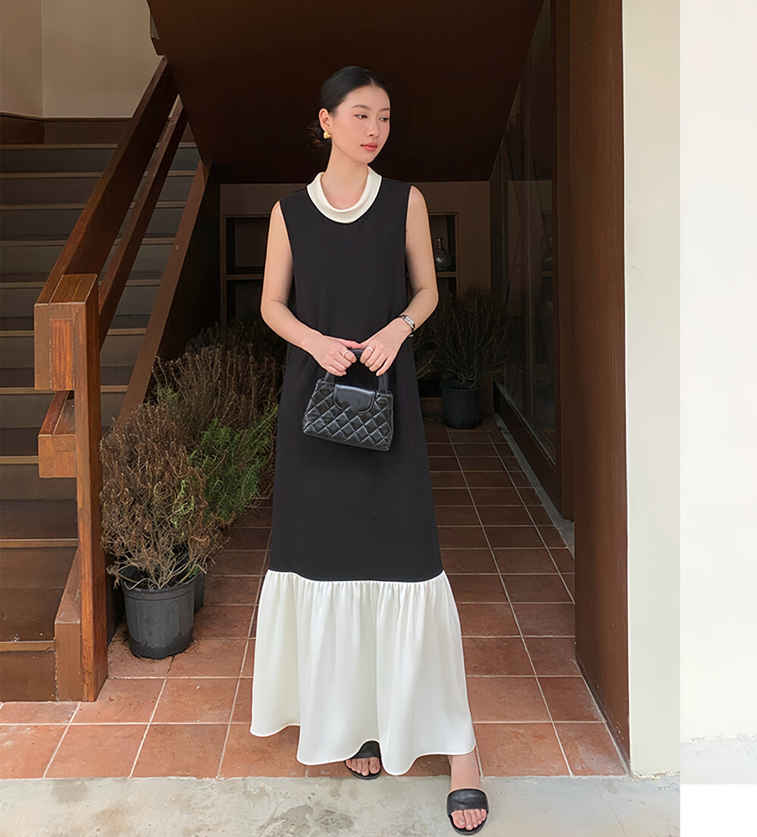 【dress】ドッキングノースリーブロングワンピース  N3728