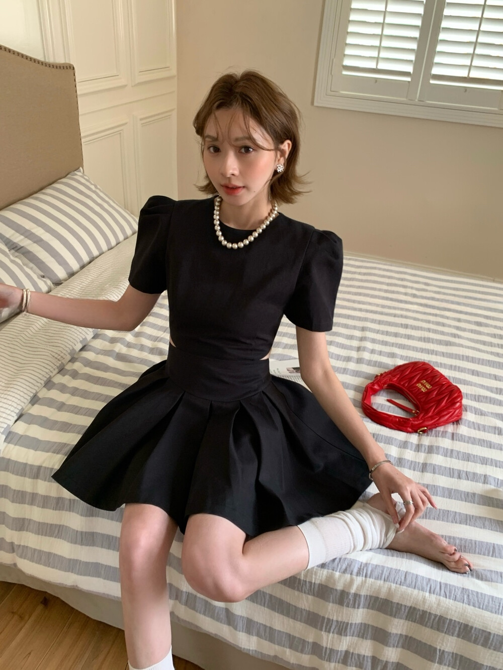 【dress】ウエストカットプリーツミニワンピース  N3732