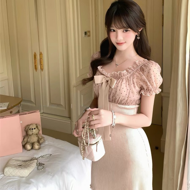 【dress】リボンドットチュールドッキングニットワンピース  N3733