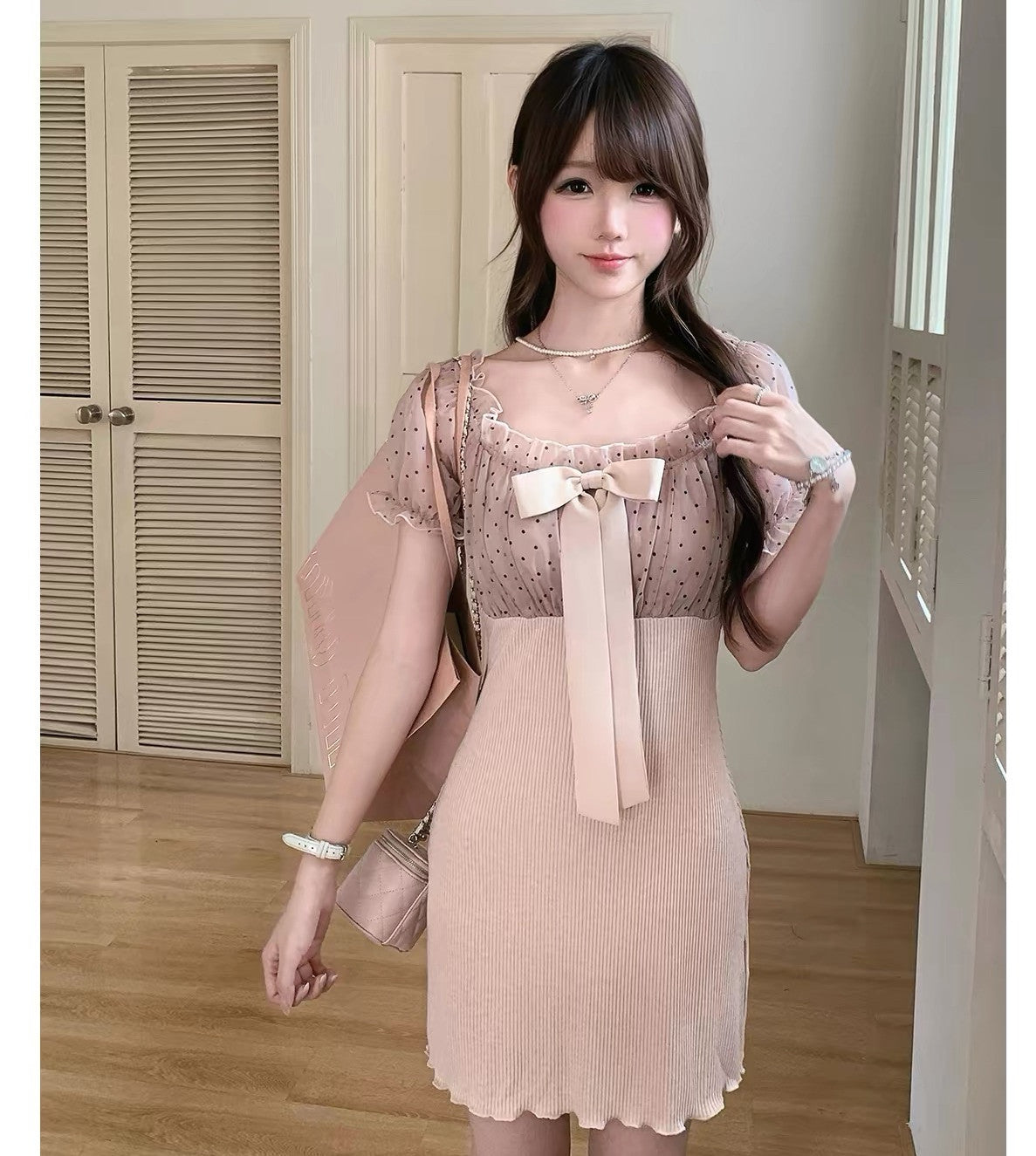 dress】リボンドットチュールドッキングニットワンピース N3733