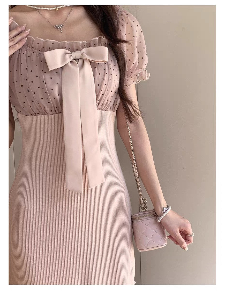 dress】リボンドットチュールドッキングニットワンピース N3733