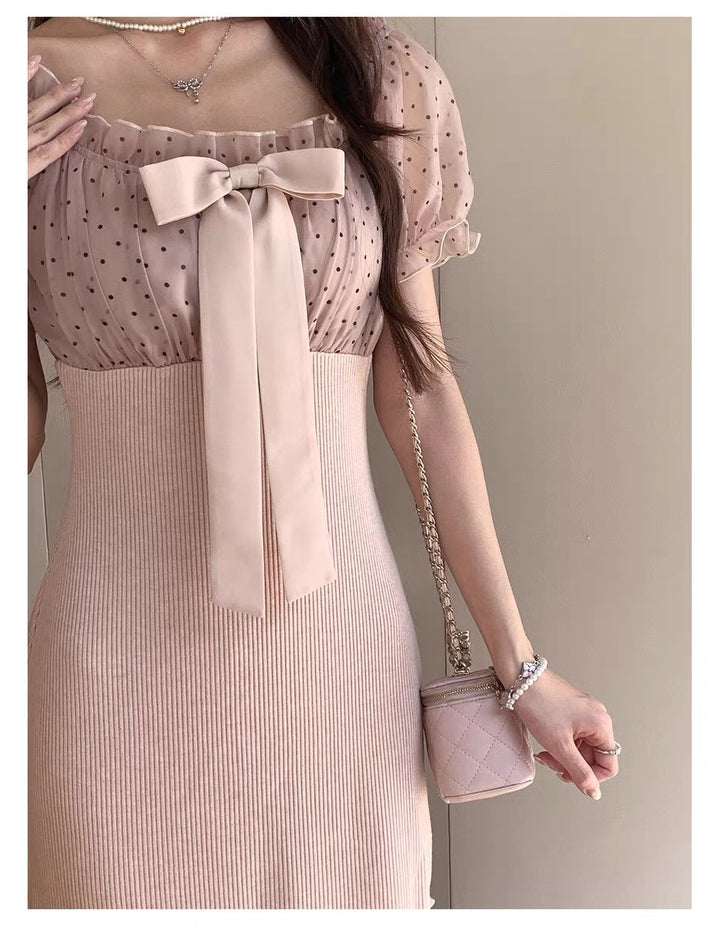 【dress】リボンドットチュールドッキングニットワンピース  N3733
