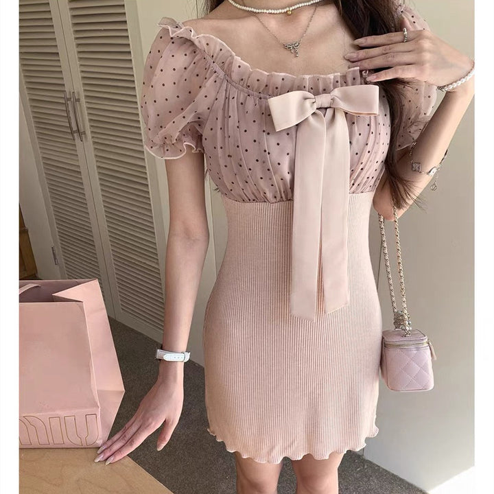 【dress】リボンドットチュールドッキングニットワンピース  N3733