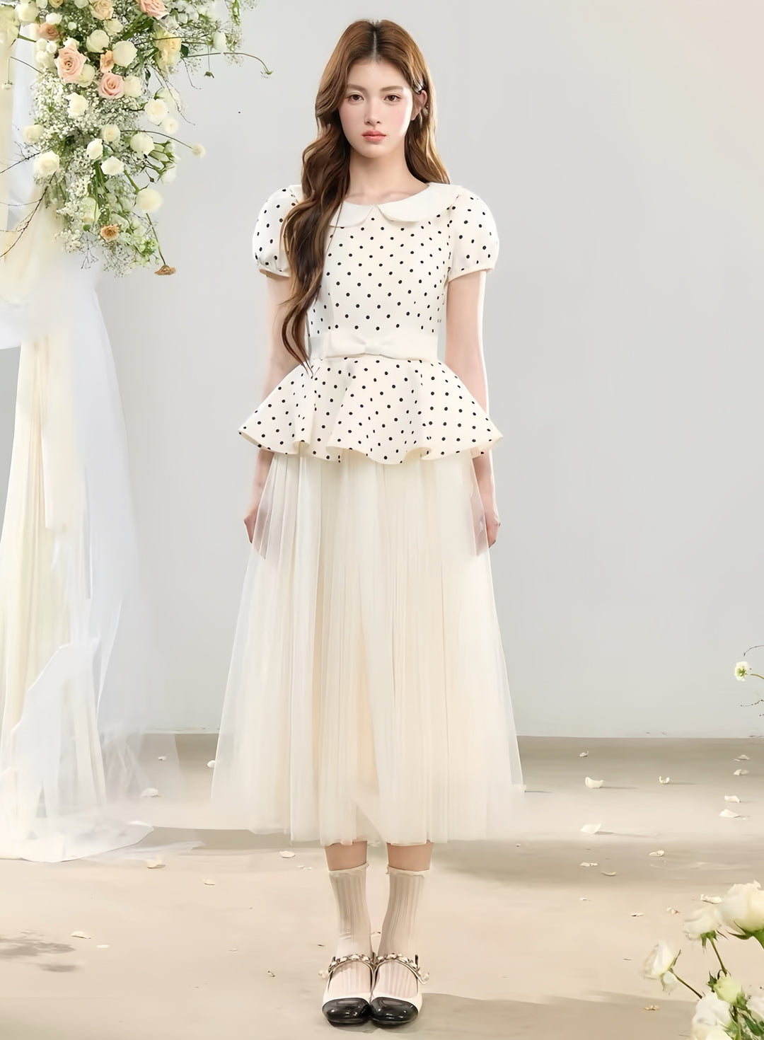 【dress】ペプラムドットチュールドッキングワンピース  N3736