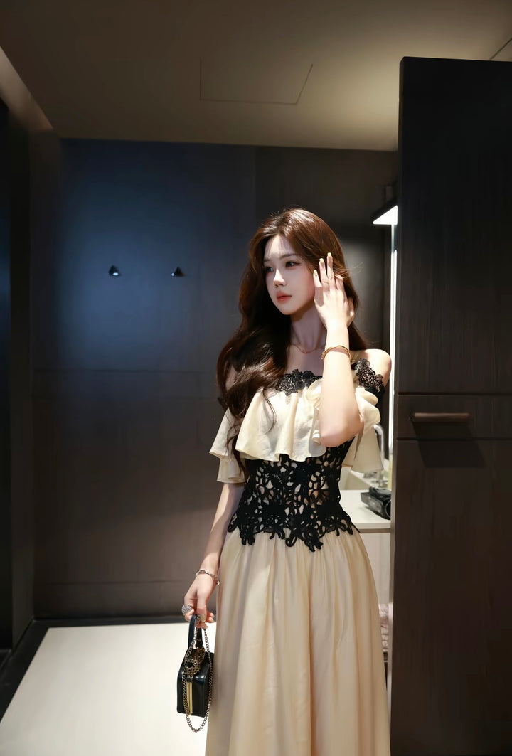【set】フリルレースドッキングトップスロングスカートセット   N3740