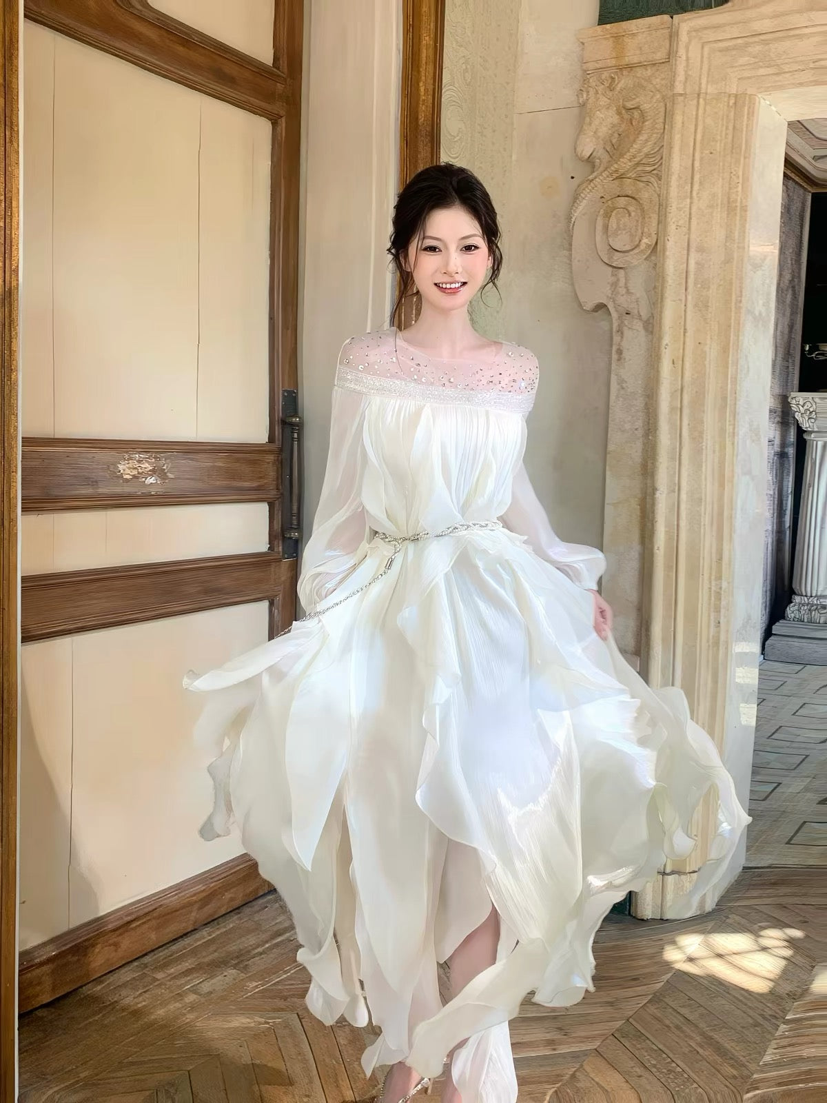 dress】ビジューシアーフリルロングワンピース N3747 – NANASTYLE