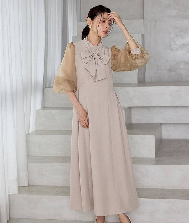 【dress】2WAYパフスリーブリボンロングワンピース   N3754