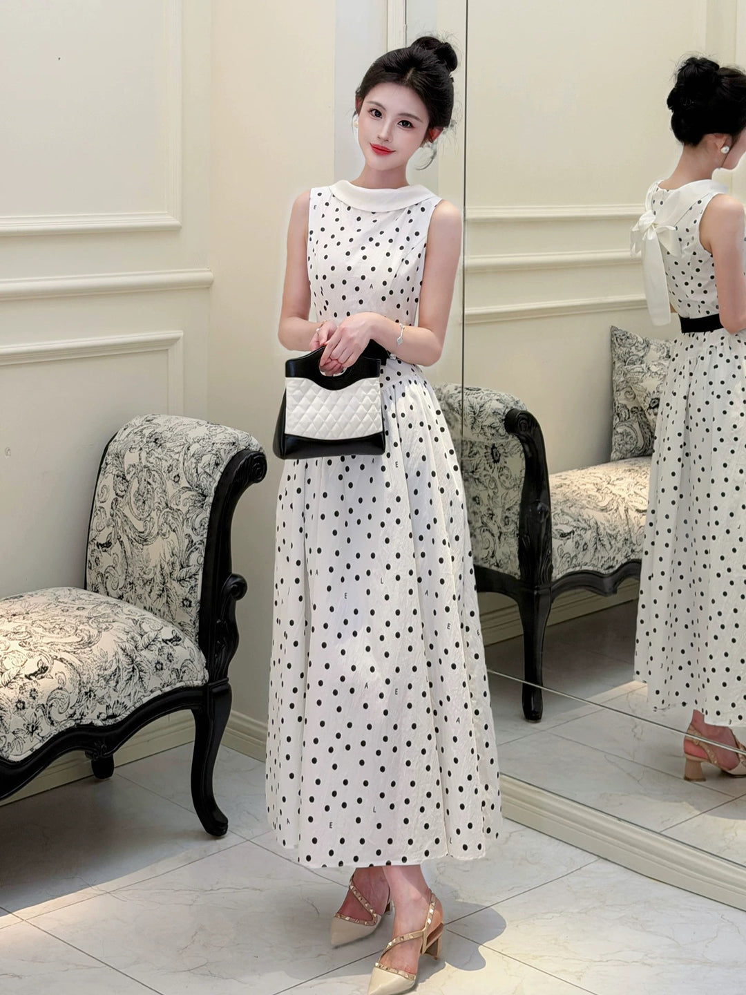 【dress】リボンベルトドットロングワンピース   N3756