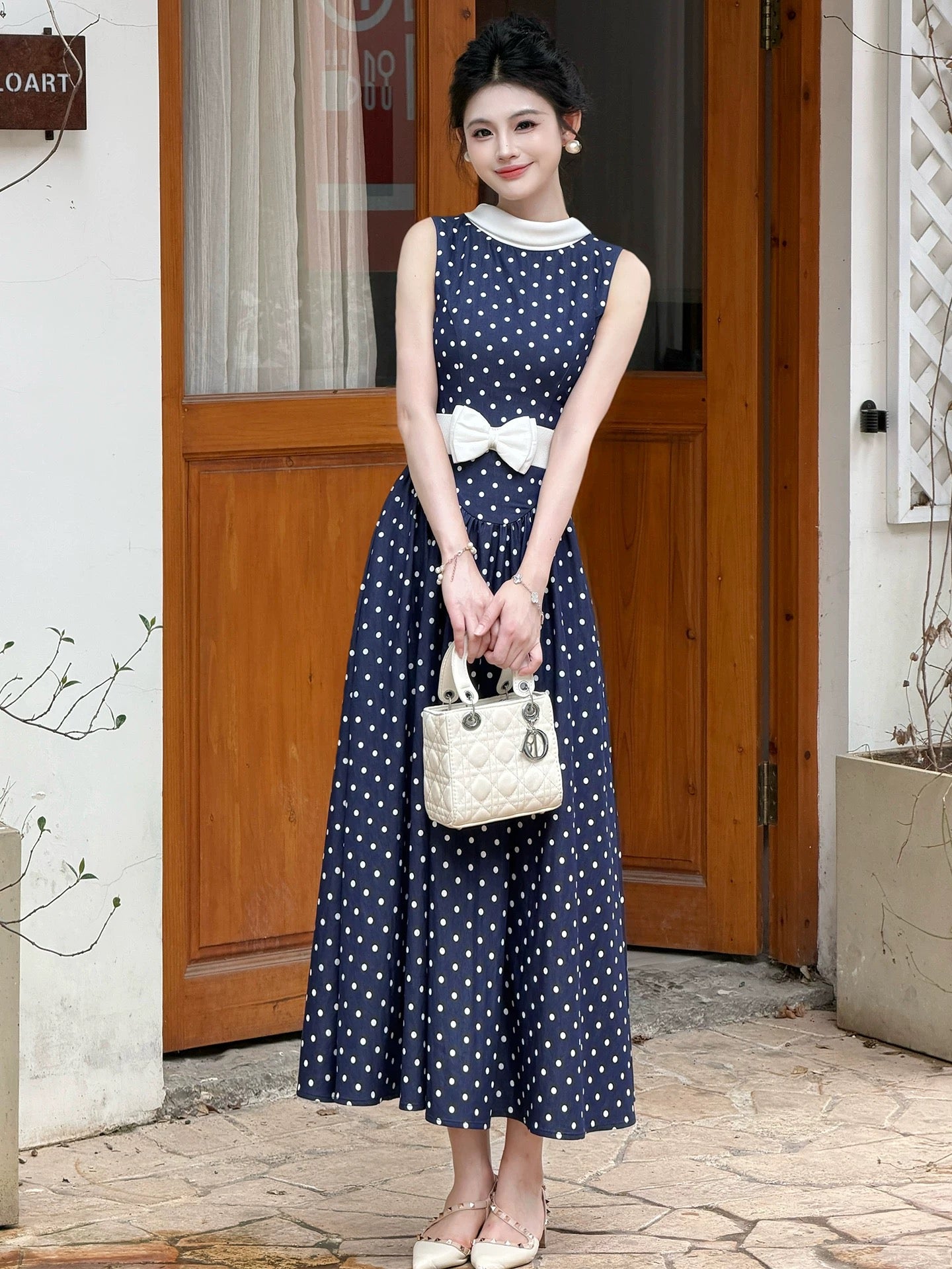 dress】リボンベルトドットロングワンピース N3756 – NANASTYLE