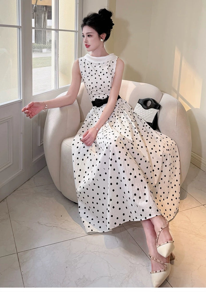 【dress】リボンベルトドットロングワンピース   N3756