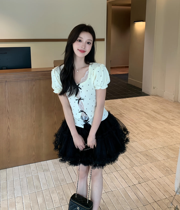 【tops】レースドッキングドットリボントップス  K0627
