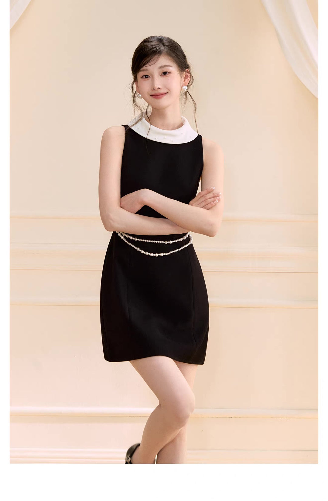 【dress】パール付きロールカラーミニワンピース   N3759