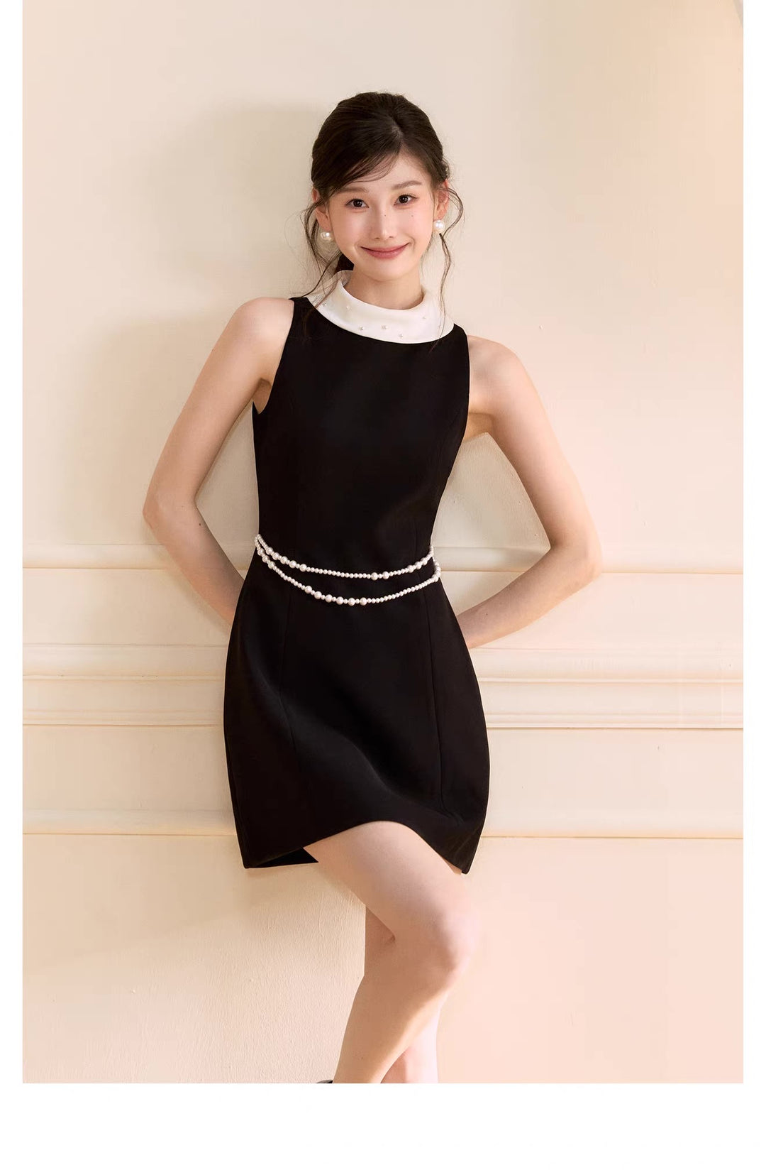 【dress】パール付きロールカラーミニワンピース   N3759