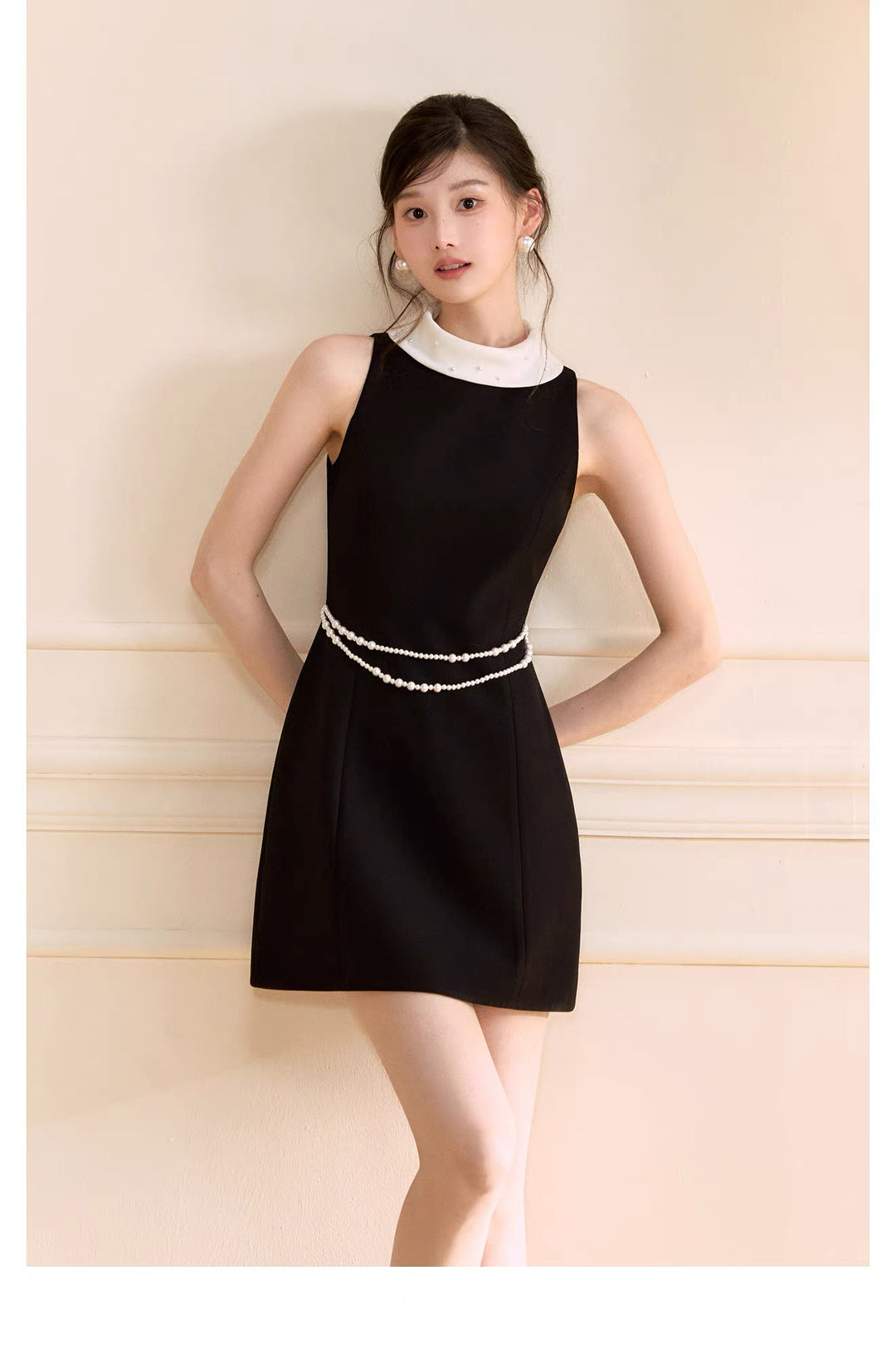 【dress】パール付きロールカラーミニワンピース   N3759