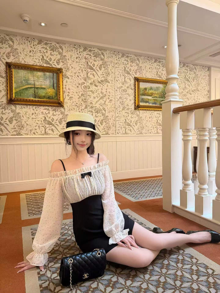 【dress】オフショルドットドッキングミニワンピース   N3772