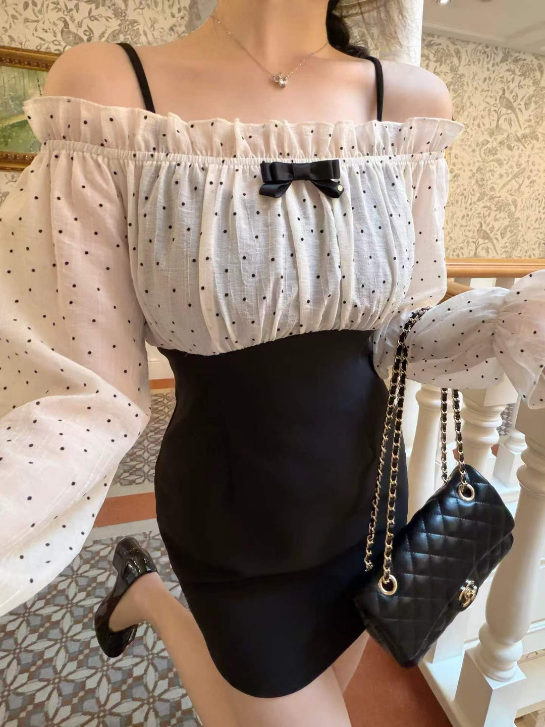 【dress】オフショルドットドッキングミニワンピース   N3772