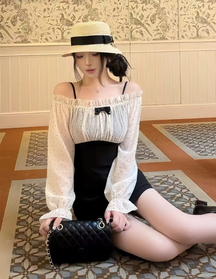 【dress】オフショルドットドッキングミニワンピース   N3772