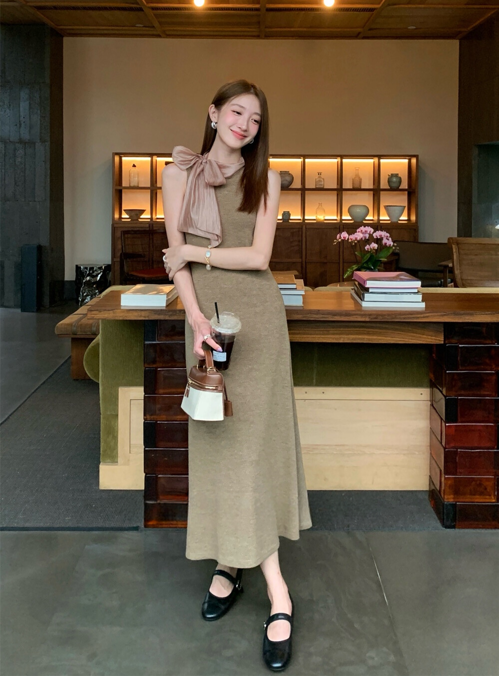 【dress】ボウタイノースリーブロングワンピース   N3776