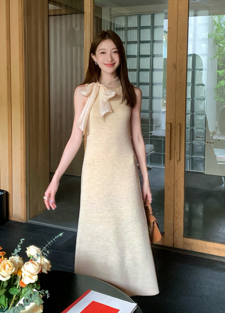 【dress】ボウタイノースリーブロングワンピース   N3776