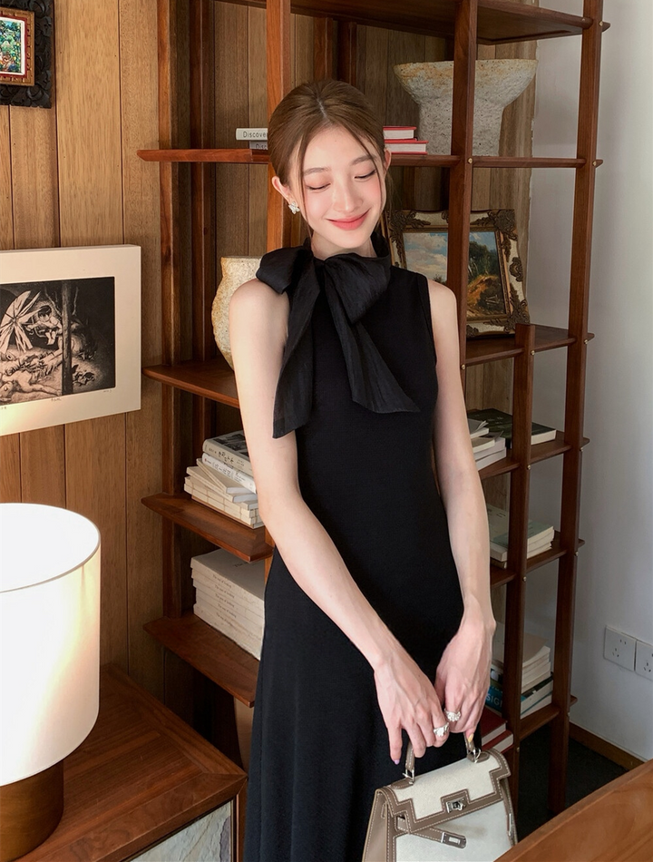 【dress】ボウタイノースリーブロングワンピース   N3776