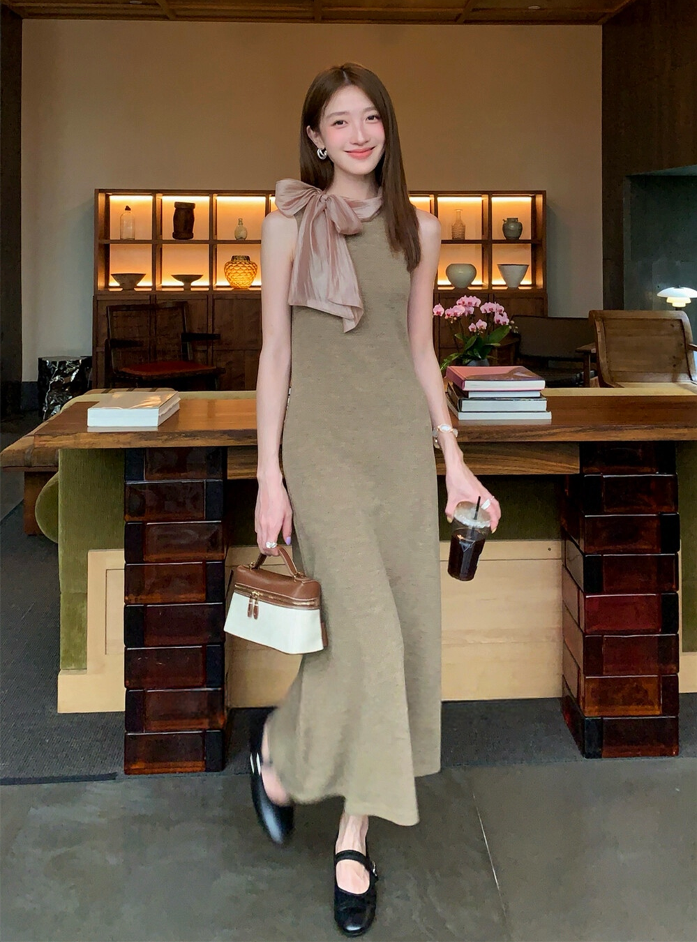 【dress】ボウタイノースリーブロングワンピース   N3776