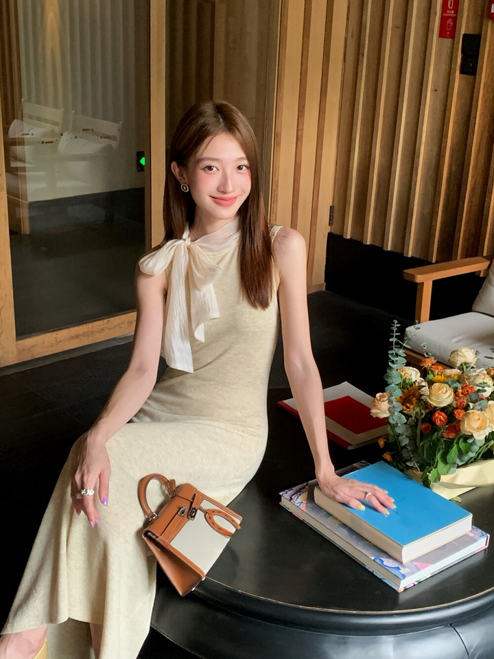 【dress】ボウタイノースリーブロングワンピース   N3776