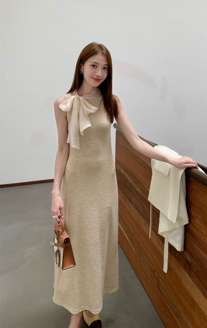 【dress】ボウタイノースリーブロングワンピース   N3776
