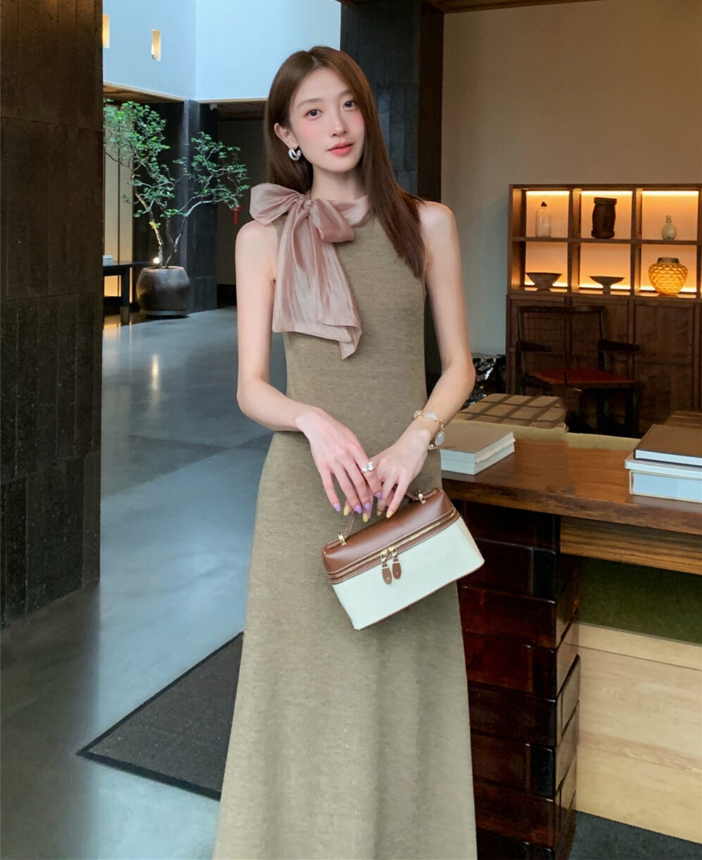 【dress】ボウタイノースリーブロングワンピース   N3776