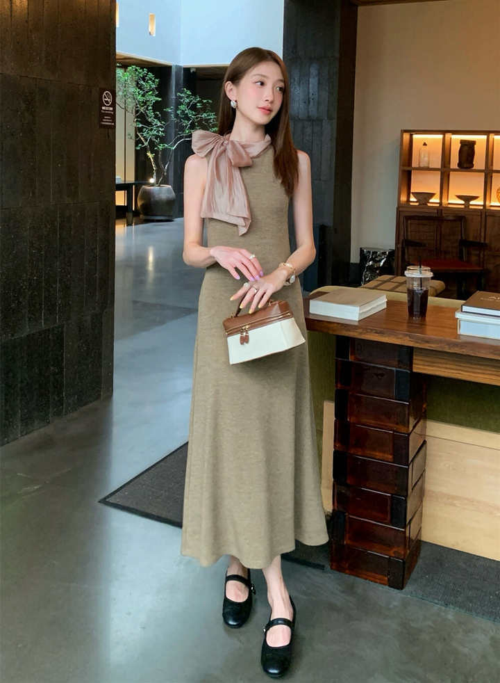 【dress】ボウタイノースリーブロングワンピース   N3776