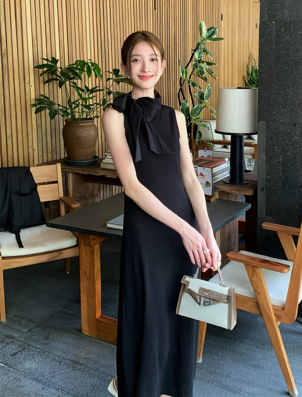 【dress】ボウタイノースリーブロングワンピース   N3776