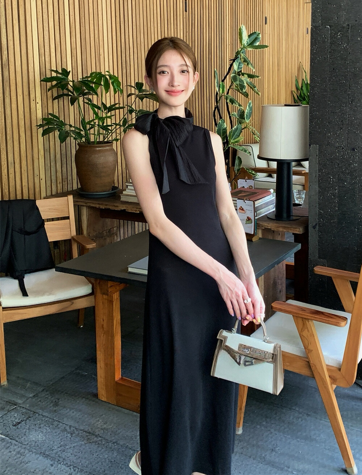 【dress】ボウタイノースリーブロングワンピース   N3776