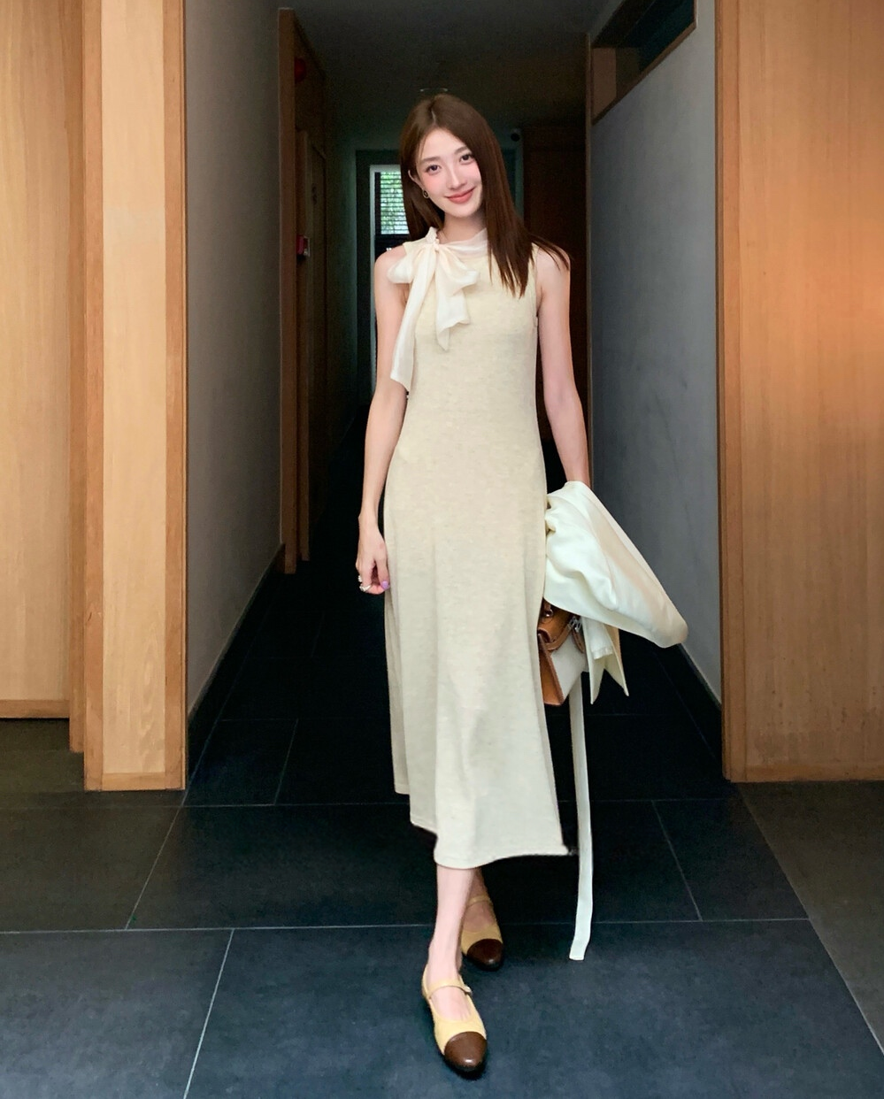 【dress】ボウタイノースリーブロングワンピース   N3776