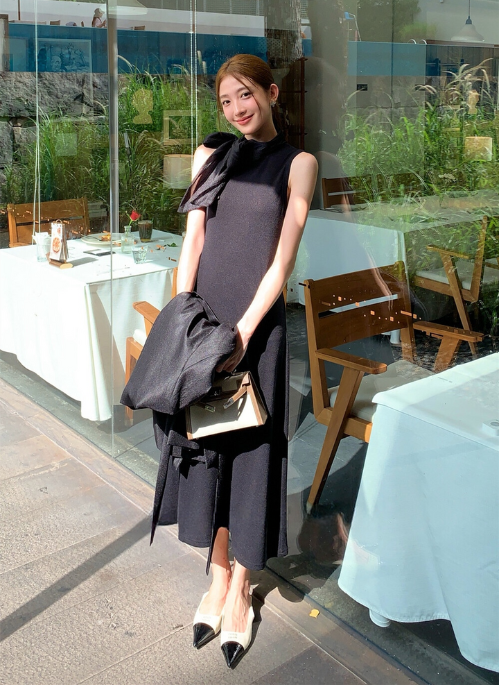 【dress】ボウタイノースリーブロングワンピース   N3776