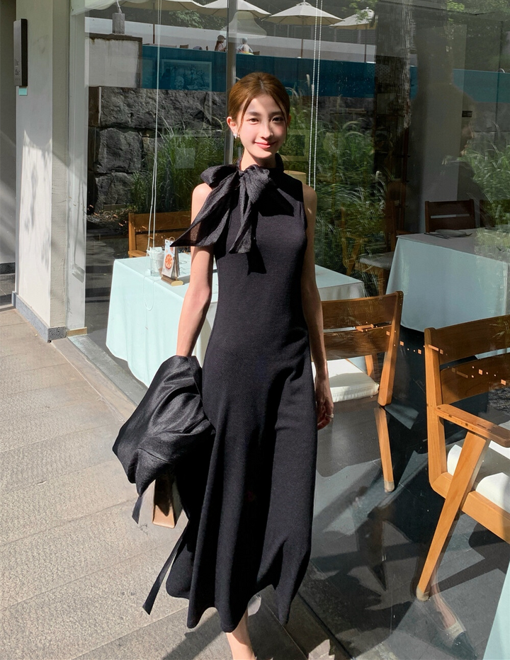 【dress】ボウタイノースリーブロングワンピース   N3776